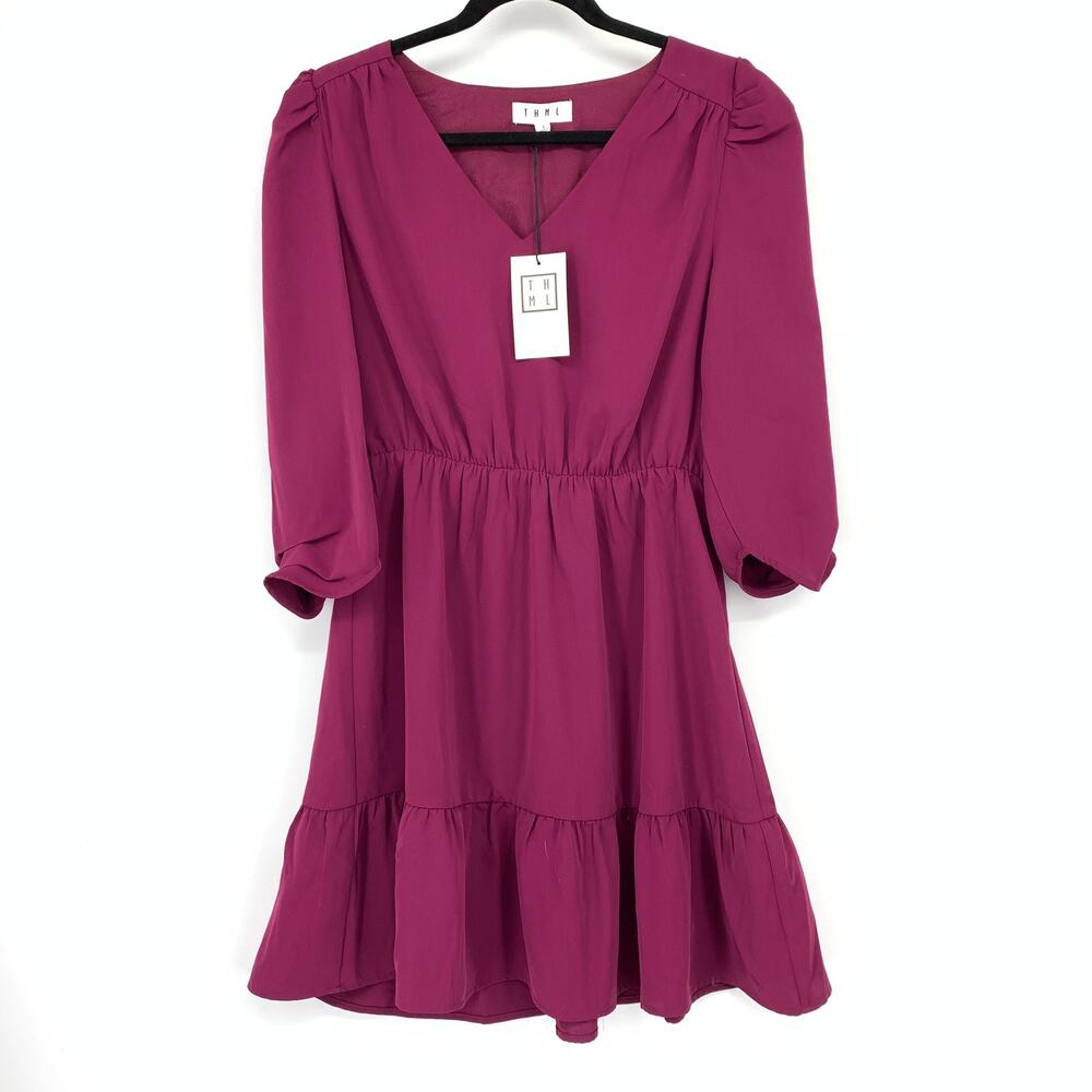 THML Magenta Tiered Dress Womens Boho Mini Puff Sleeve Size Small NEW